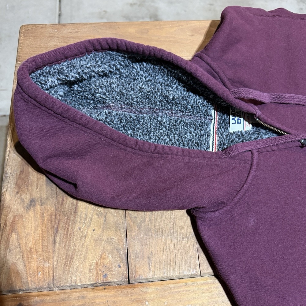 Lands End Serious Sweats Hoodie Mens L Large Full Zip Sherpa Lined Burgundy - Picture 6 of 8